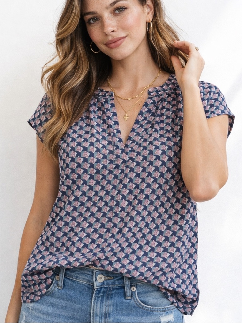 Fun2Fun Geometric Print Blouse Small Blue Pink Cap Sleeve Top